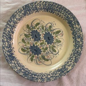 Plate Blue Spongeware Large Pottery Floral Pattern Deep Dish Large